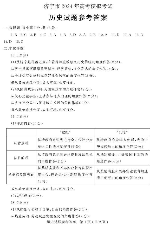 2024济宁高三下学期3月一模考试历史PDF版含答案01