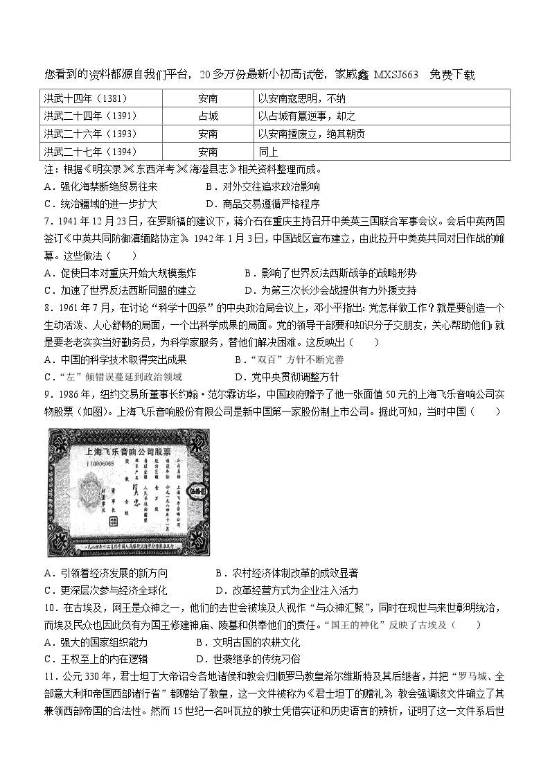 108，重庆市第八中学校2023-2024学年高三下学期适应性月考 (五)历史试卷()02