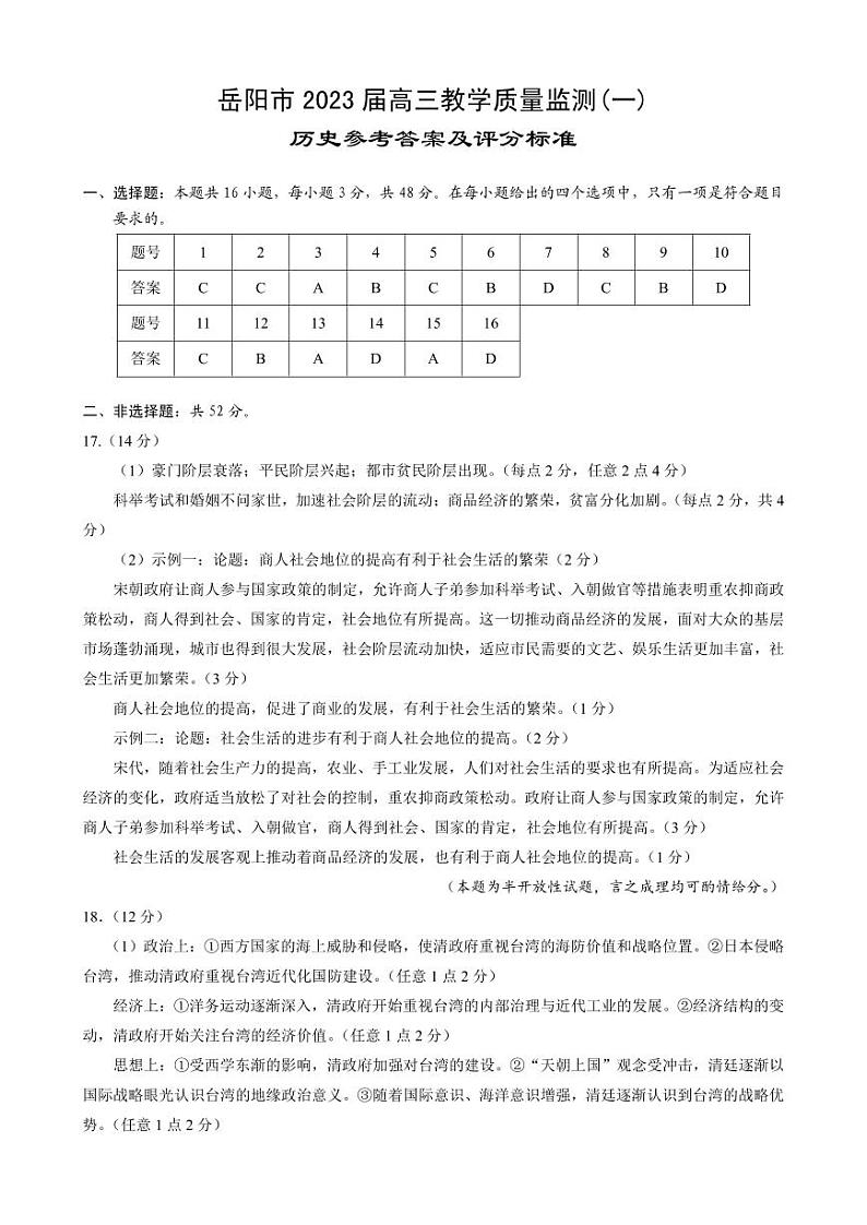 湖南省岳阳市2023届高三教学质量监测（一）历史试卷及答案01