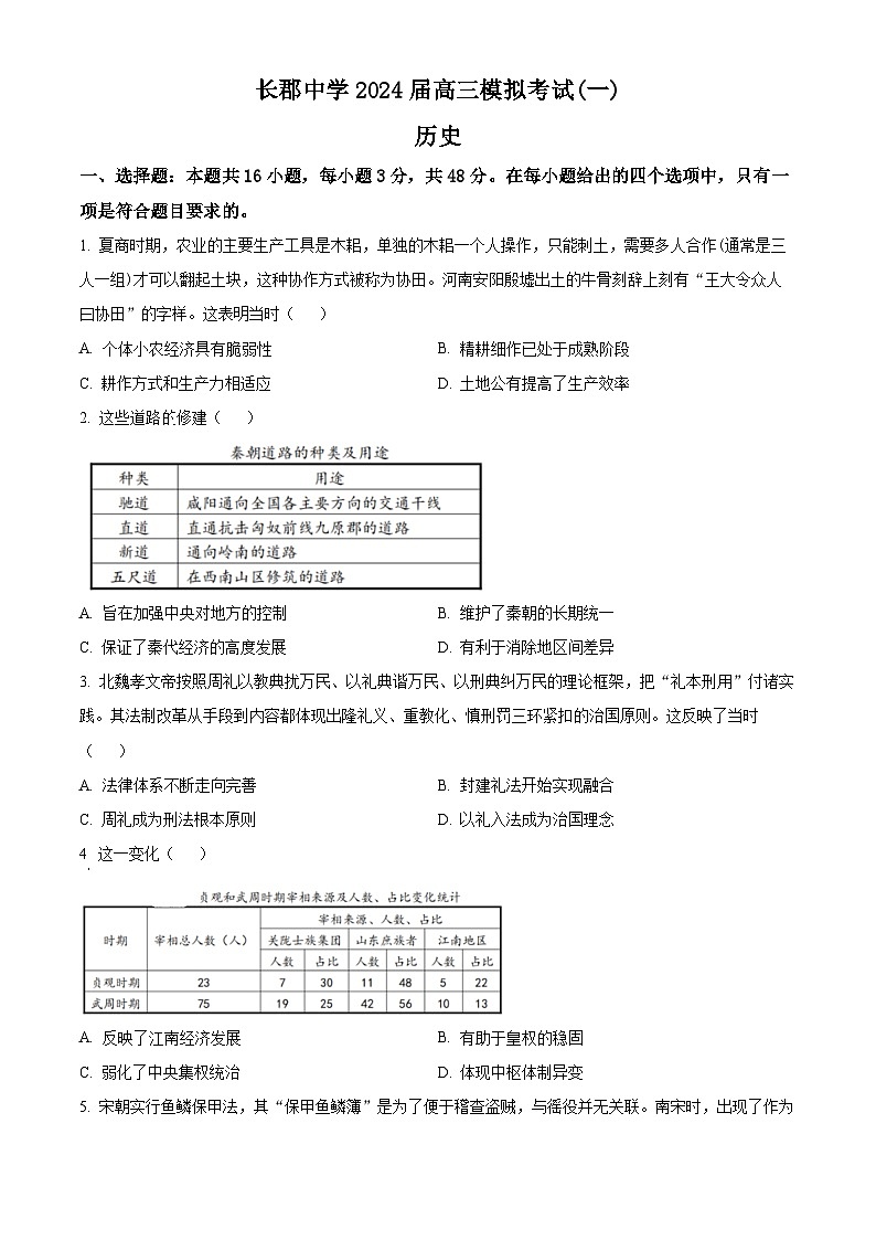 湖南省长沙市长郡中学2024届高三下学期一模历史试卷（Word版附解析）01
