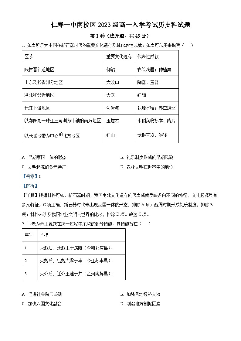 四川省眉山市仁寿第一中学南校区2023-2024学年高一下学期开学考试历史试卷（Word版附解析）01