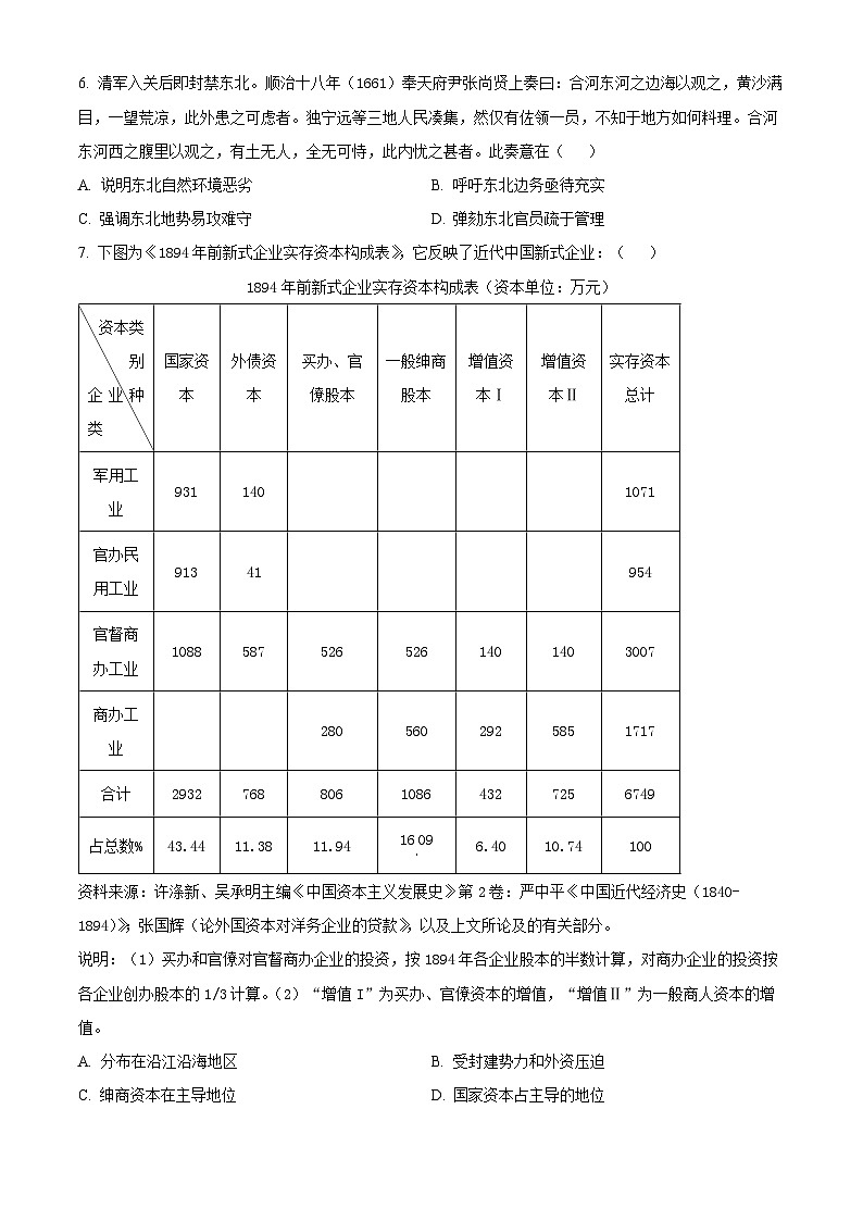 精品解析：重庆市永川双石中学校2023-2024学年高三上学期半期考试（期中）历史试题（原卷版）第2页