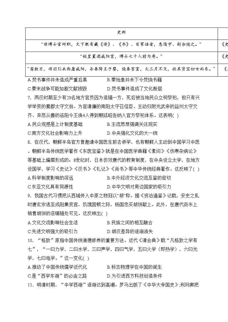 黄梅县育才高级中学2023-2024学年高二下学期3月月考历史试卷(含答案)02