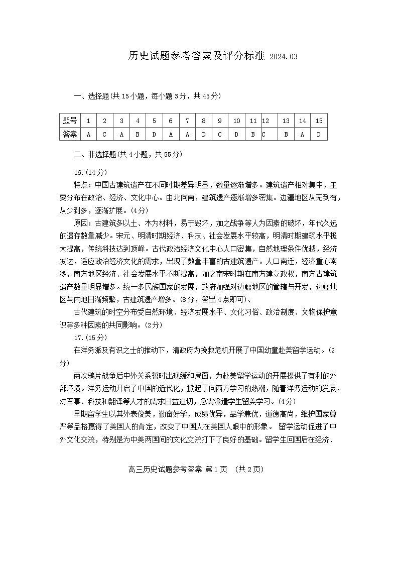 历史试题参考答案及评分标准第1页