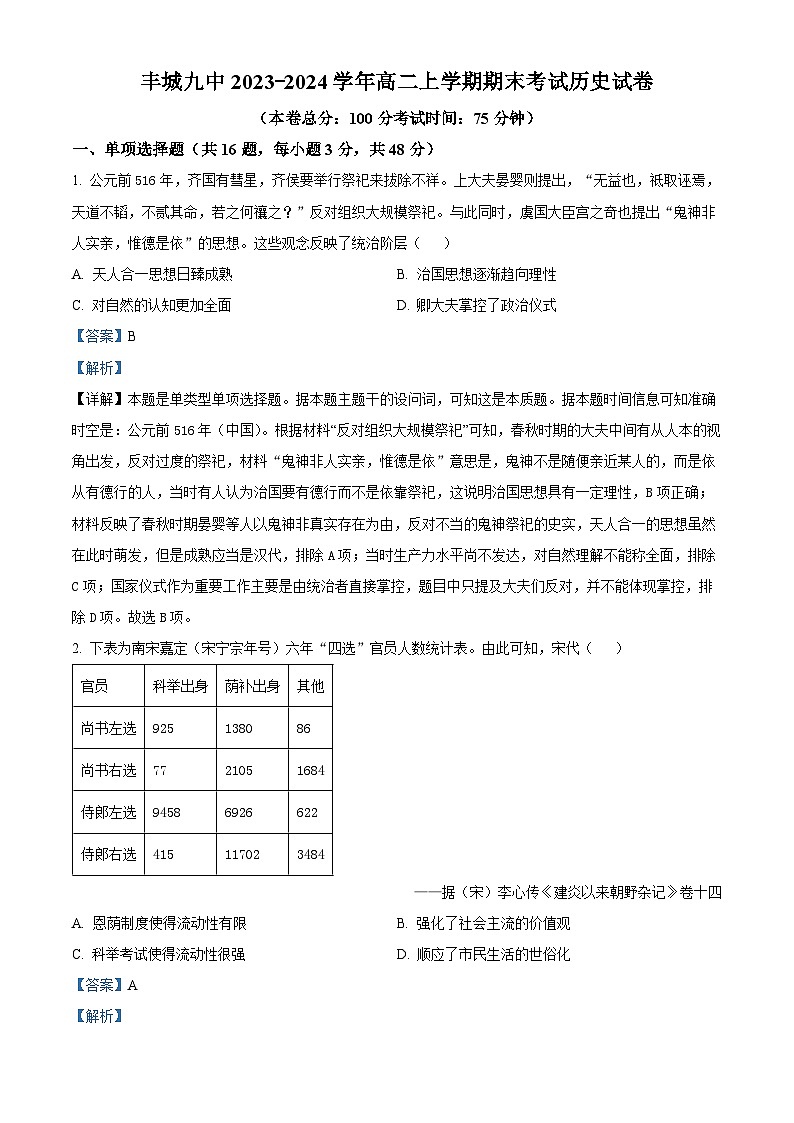 精品解析：江西省宜春市丰城市第九中学2023-2024学年高二上学期期末历史试题（解析版）第1页