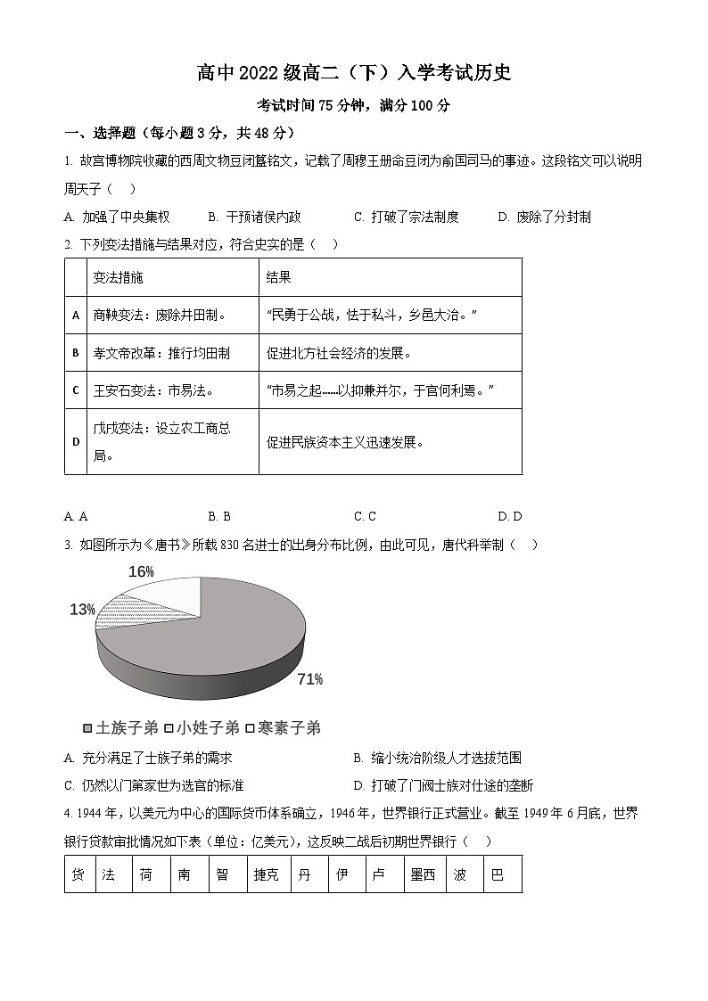 精品解析：四川省江油市太白中学2023-2024学年高二下学期开学考试历史试题（原卷版）第1页