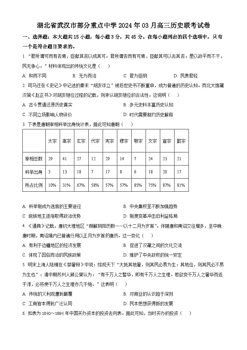 湖北省武汉市部分重点中学2024届高三下学期3月联考历史试卷（Word版附解析）01