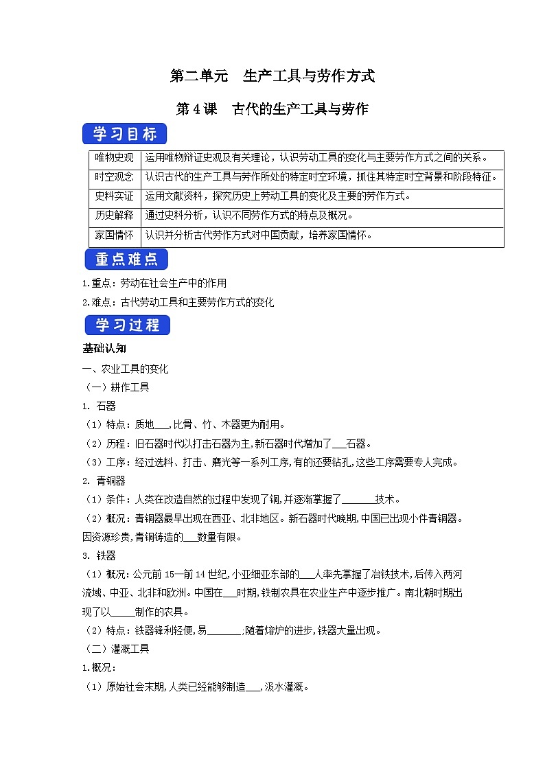 高中历史选择性必修二第4课 《古代的生产工具与劳作》导学案01
