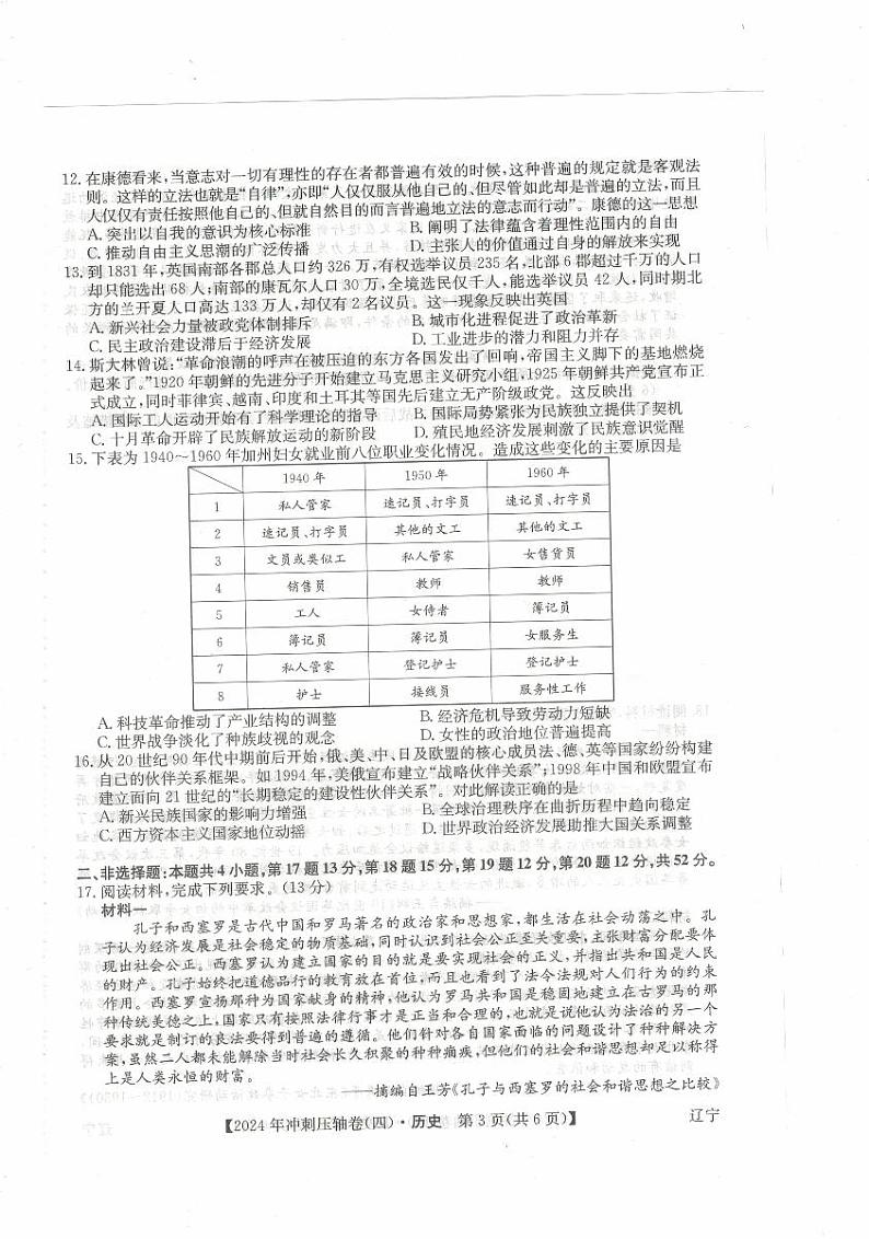 2024届辽宁省普通高中学业水平选择性考试冲刺压轴卷（二）历史试题+03