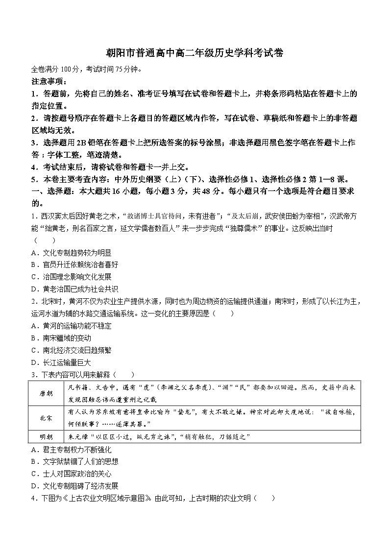 2024朝阳高二下学期开学考试历史含解析第1页