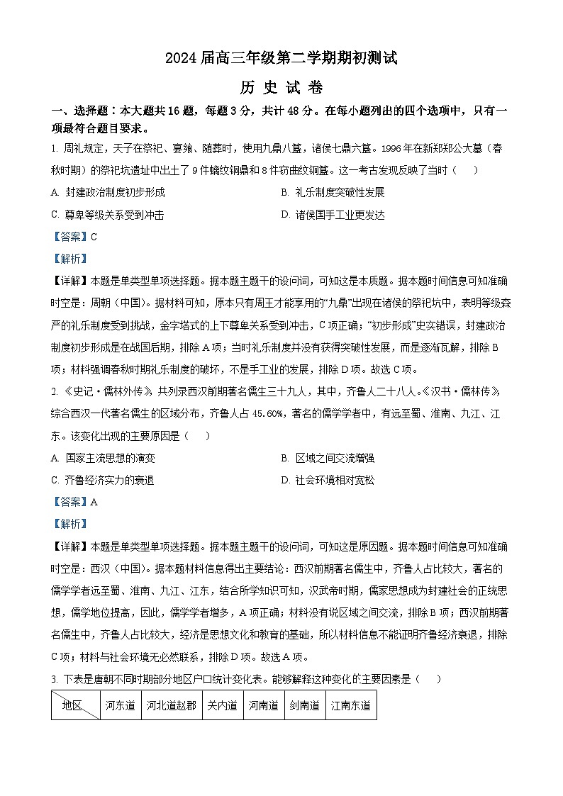 江苏省四校2023-2024学年高三下学期期初测试联考历史试卷（原卷版+解析版）01