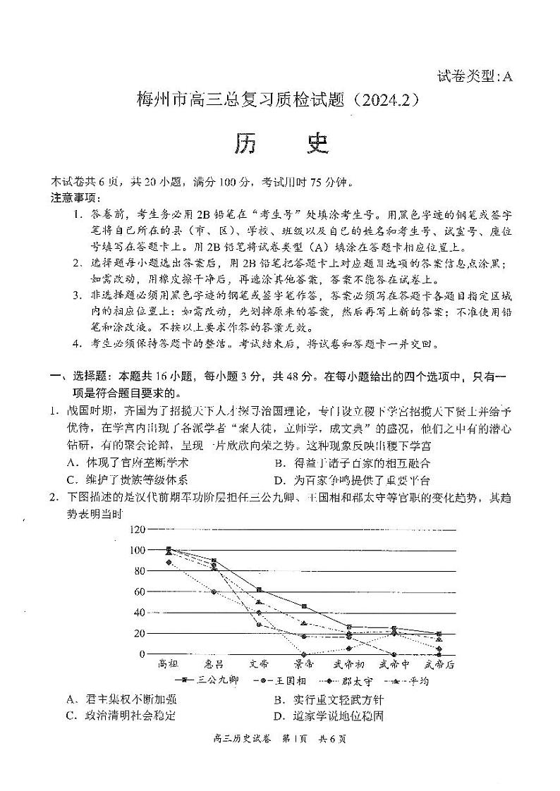广东省梅州市2023-2024学年高三下学期总复习质检试题（一模）历史第1页