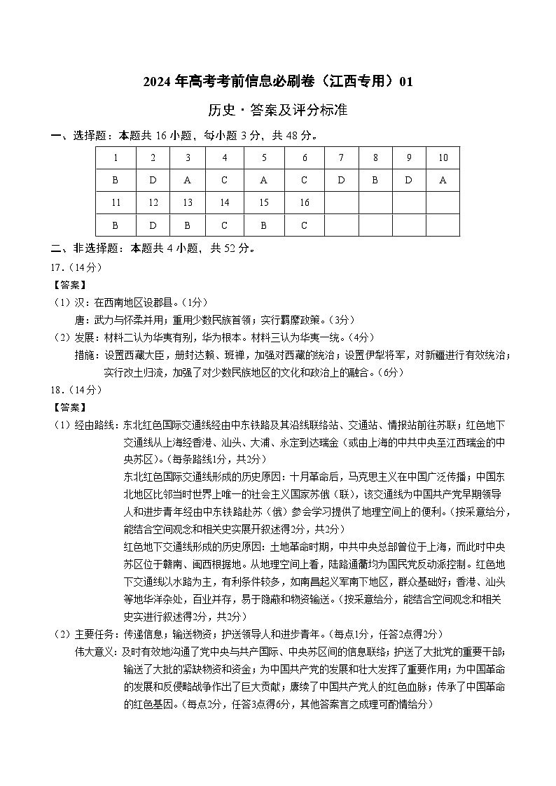 2024年高考历史考前信息必刷卷01（江西专用）（参考答案）第1页