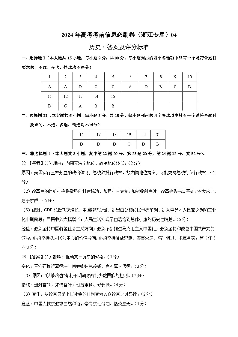 2024年高考历史考前信息必刷卷04（浙江专用）（Word版附解析）01