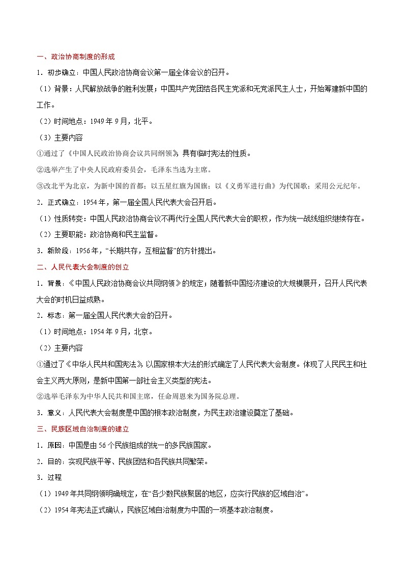 最新高考历史考点一遍过（讲义） 考点11 中华人民共和国成立和民主政治建设02