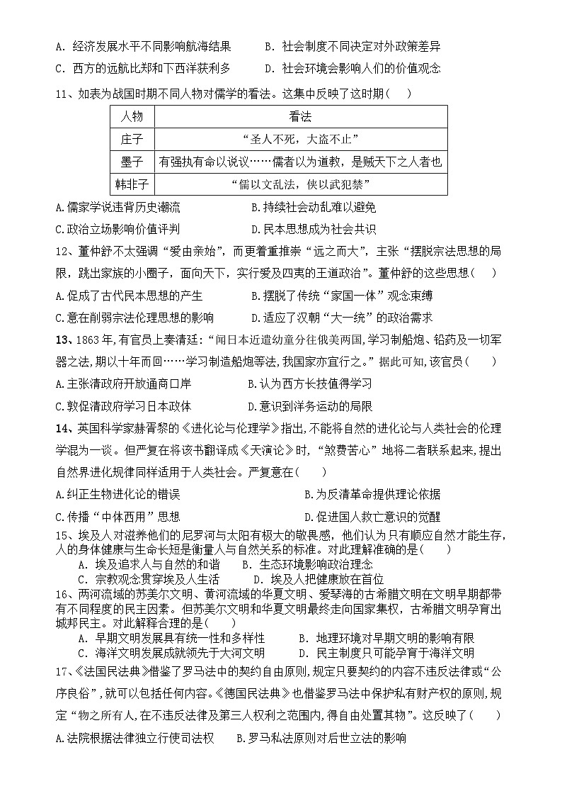 河南省虞城县春来高级中学2023-2024学年高二下学期第一次月考测试历史试卷03