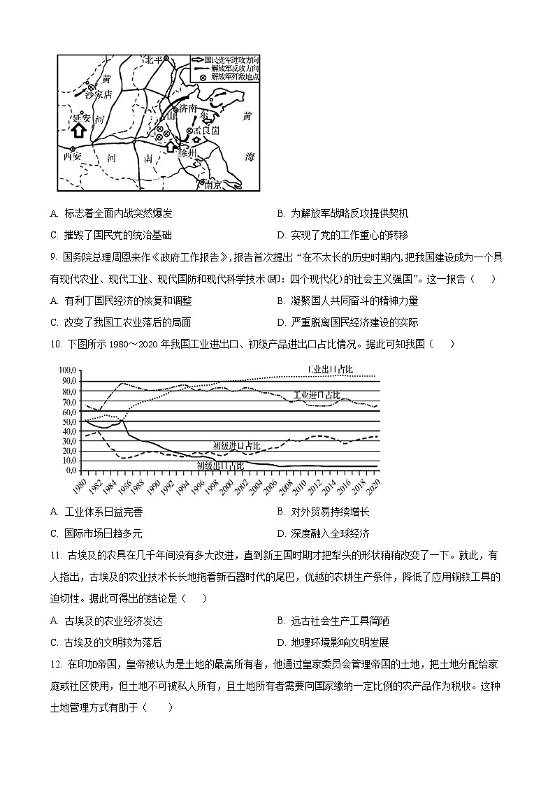 安徽省六校教育研究会2024届高三上学期第二次素养测试历史试题  Word版无答案第3页