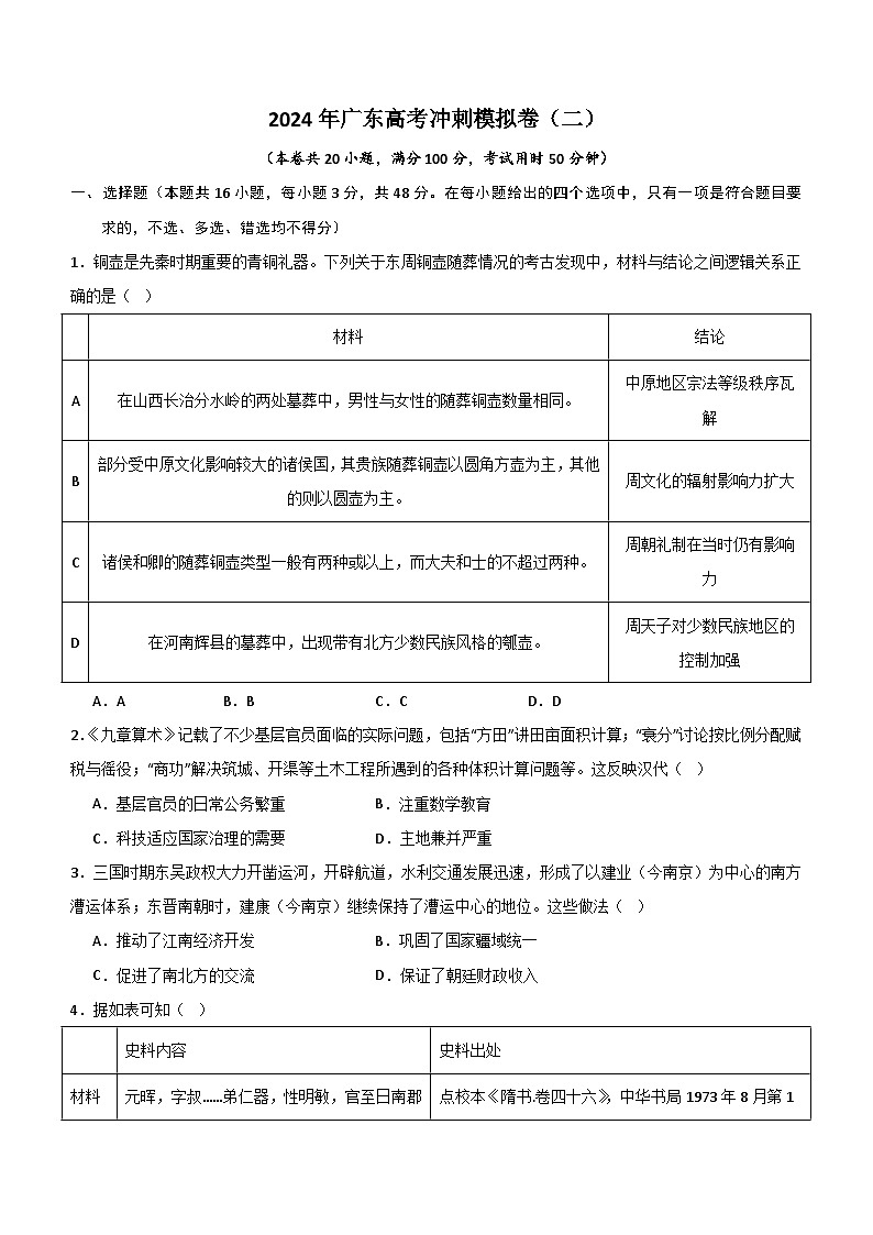 2024届广东省高考冲刺模拟（二）历史试卷（含解析）第1页