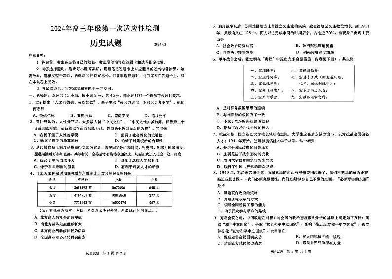 青岛市2024年高三年级第一次适应性检测（青岛一摸） 历史01