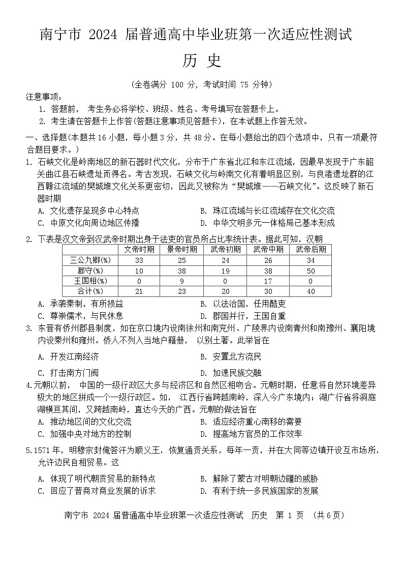 2024届广西壮族自治区南宁市高三下学期第一次适应性测试历史试题01
