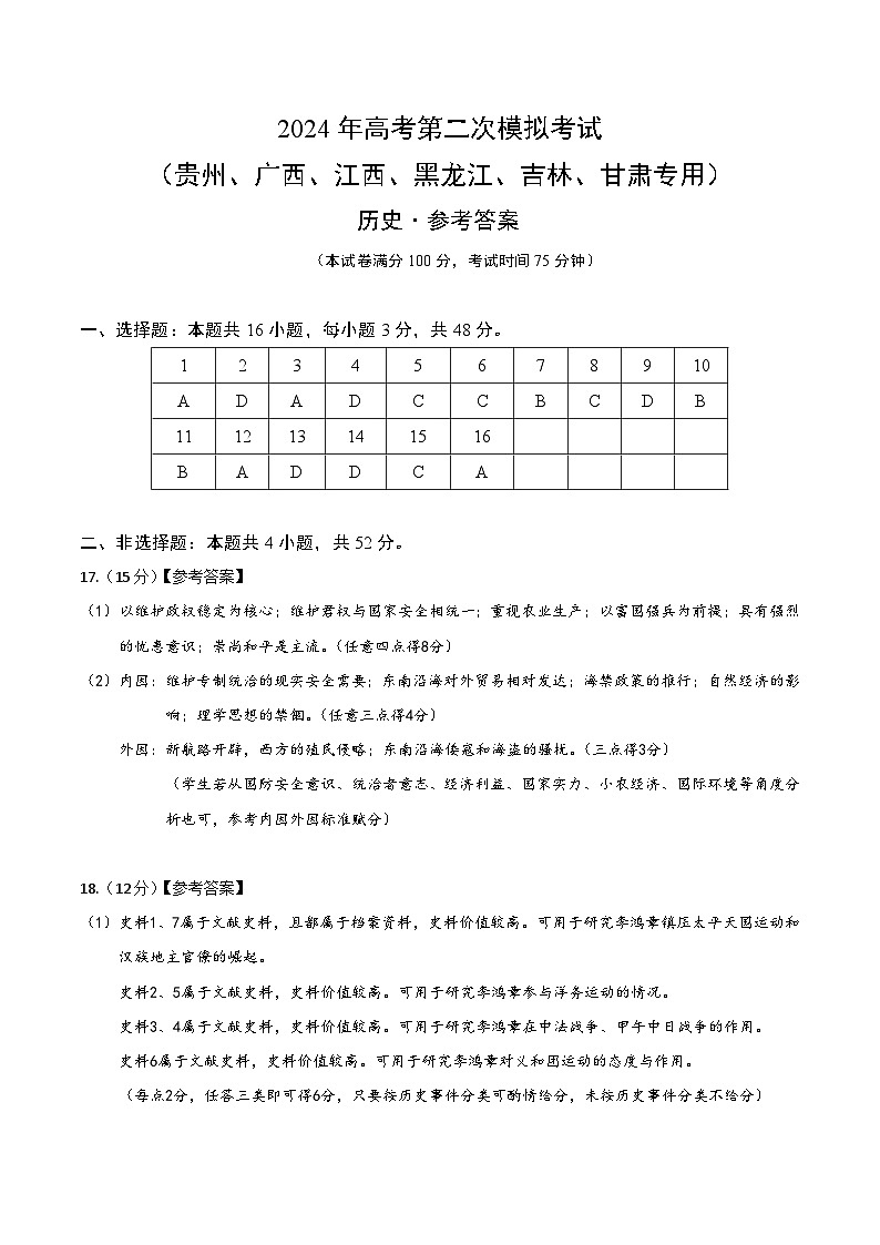 2024年九省新高考第二次模拟考试卷：历史（贵州、广西、江西、黑龙江、吉林、甘肃专用）（参考答案）01