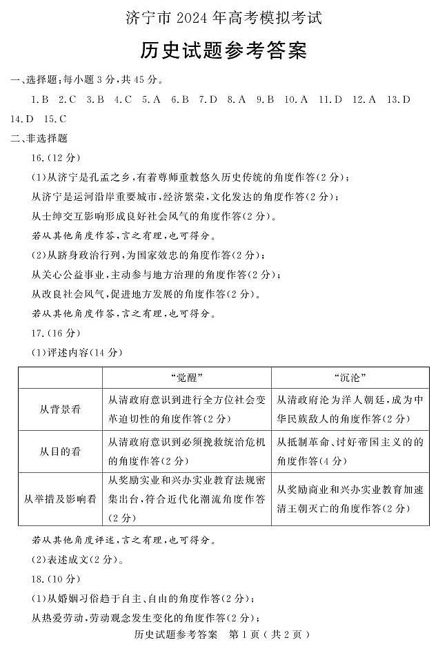 山东省济宁市2024届高三下学期3月一模考试  历史  PDF版含答案01