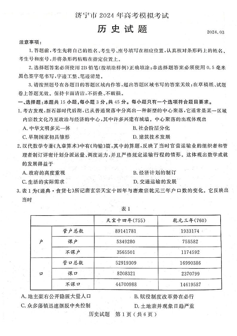 山东省济宁市2024届高三下学期3月一模考试  历史  PDF版含答案01