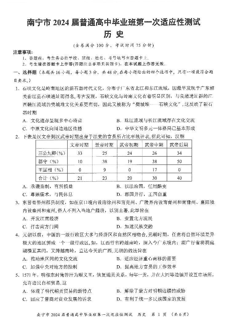 2024届广西壮族自治区南宁市高三下学期第一次适应性测试历史试题第1页