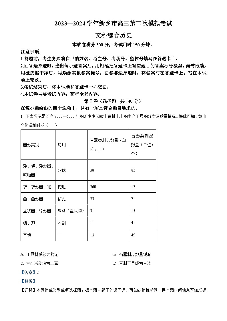 2024届河南省新乡市高三下学期第二次模拟考试文综试题-高中历史（原卷版+解析版）01