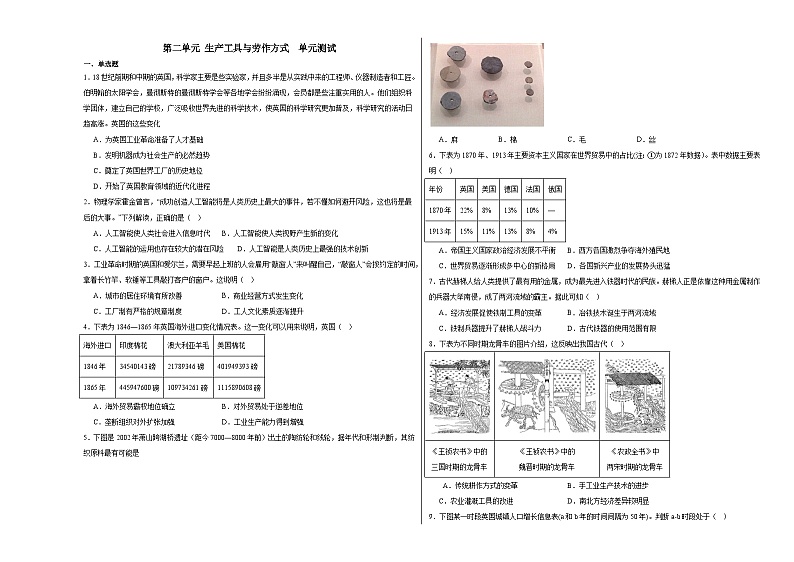第二单元 生产工具与劳作方式  单元测试（含解析）--2024届高三历史统编版（2019）选择性必修2二轮复习01