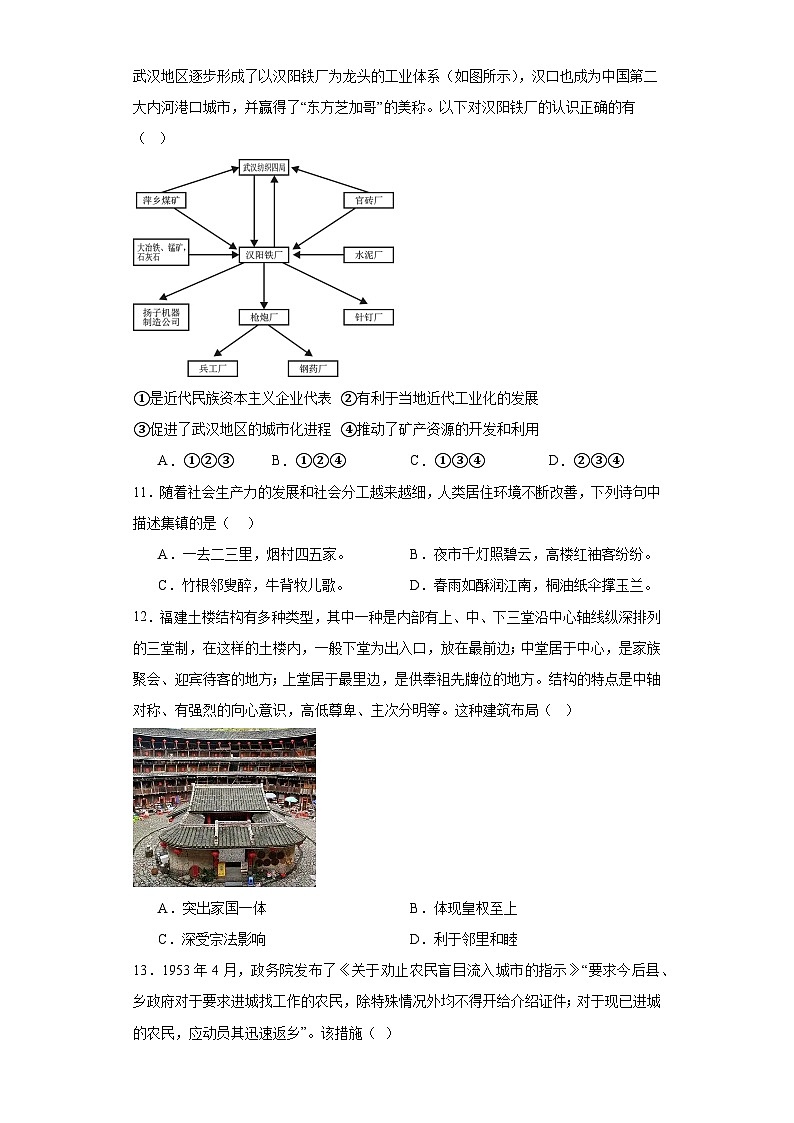 第四单元 村落、城镇与居住环境 单元测试（含解析）--2024届高三历史统编版（2019）选择性必修2二轮复习03