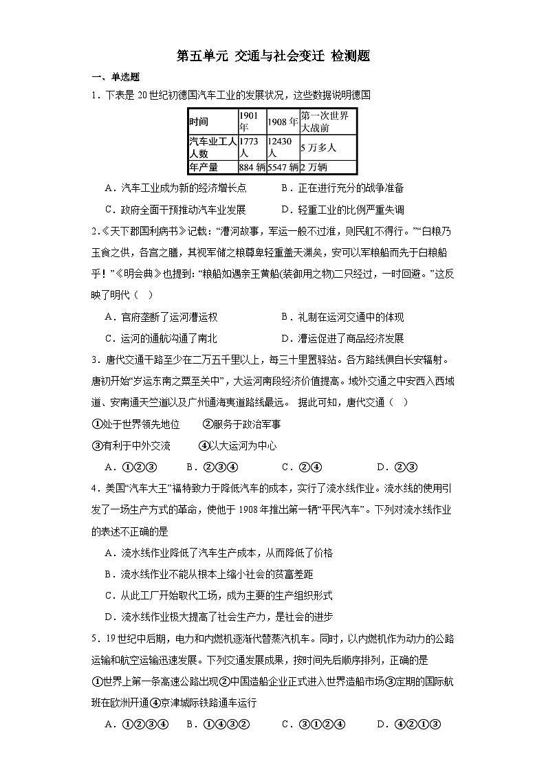 第五单元 交通与社会变迁 检测题（含解析）--2024届高三历史统编版（2019）选择性必修2二轮复习（含解析）第1页