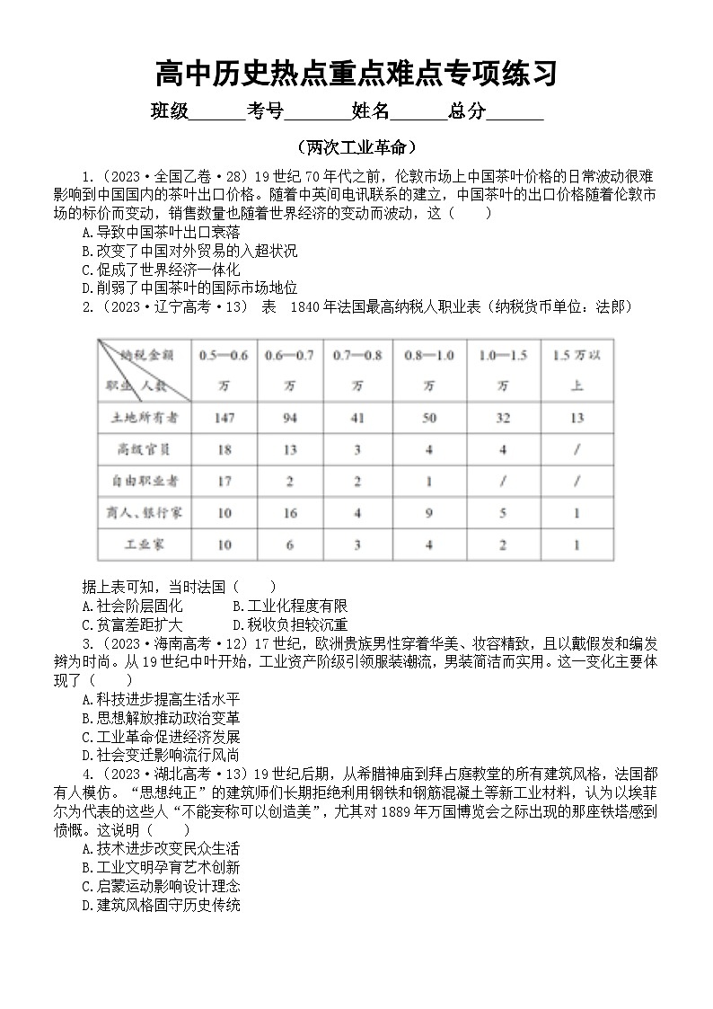 热点重点难点专项练习系列(02月15日)（含解析）--2024届高三统编版历史二轮专题复习01