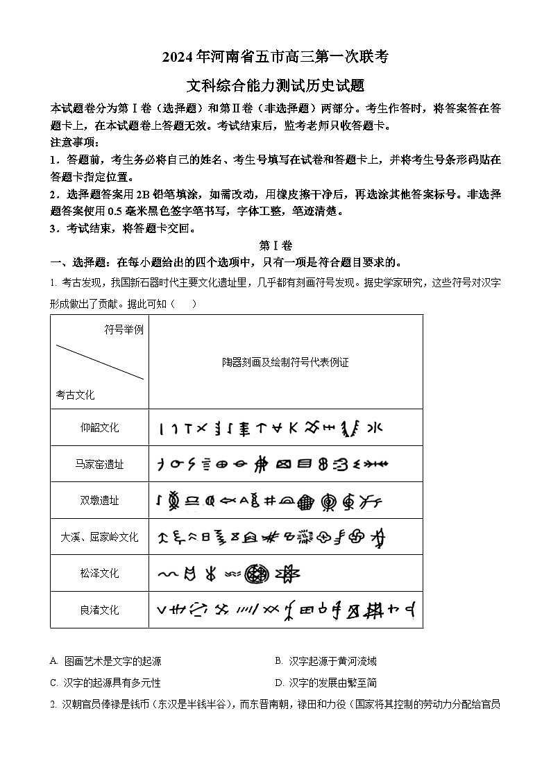 2024届河南省五市高三下学期第一次联考（一模）文综试题-高中历史（原卷版+解析版）01