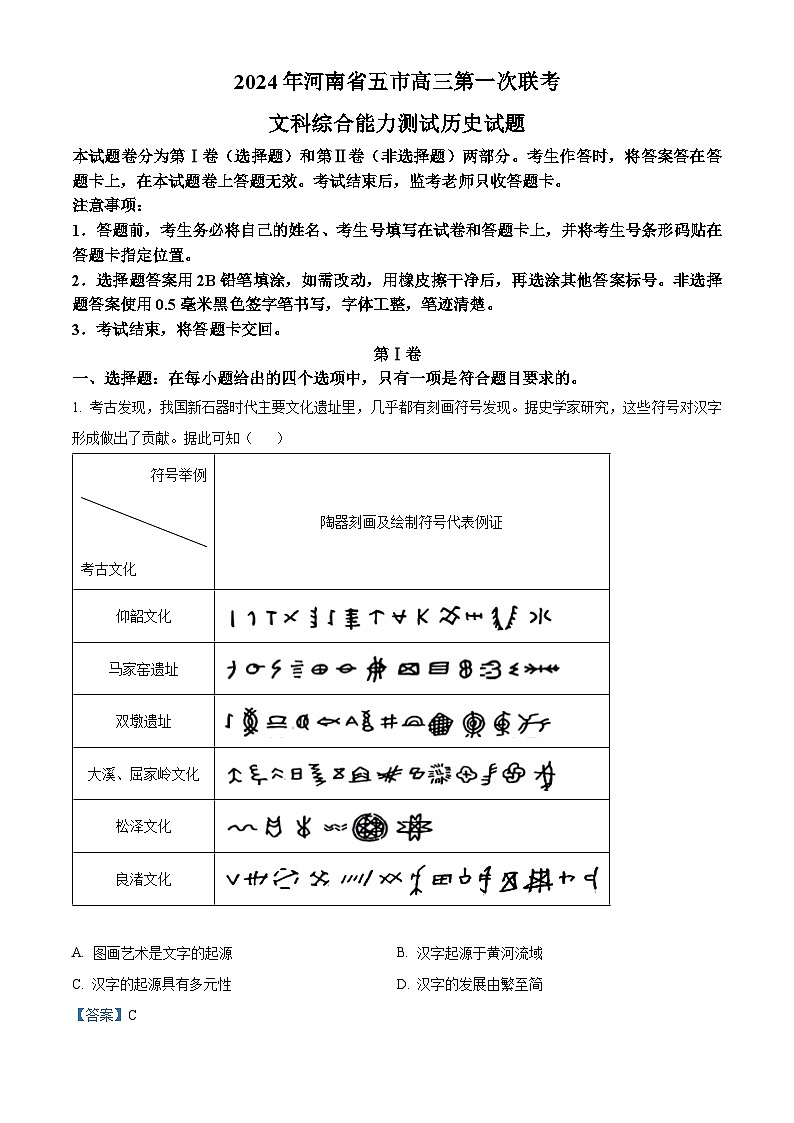 2024届河南省五市高三下学期第一次联考（一模）文综试题-高中历史（原卷版+解析版）01