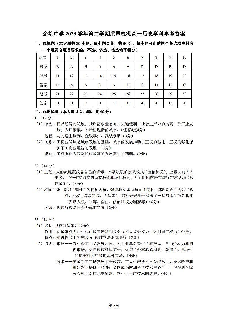 2024浙江省余姚中学高一下学期3月质量检测试题历史（选考）PDF版含答案（可编辑）01
