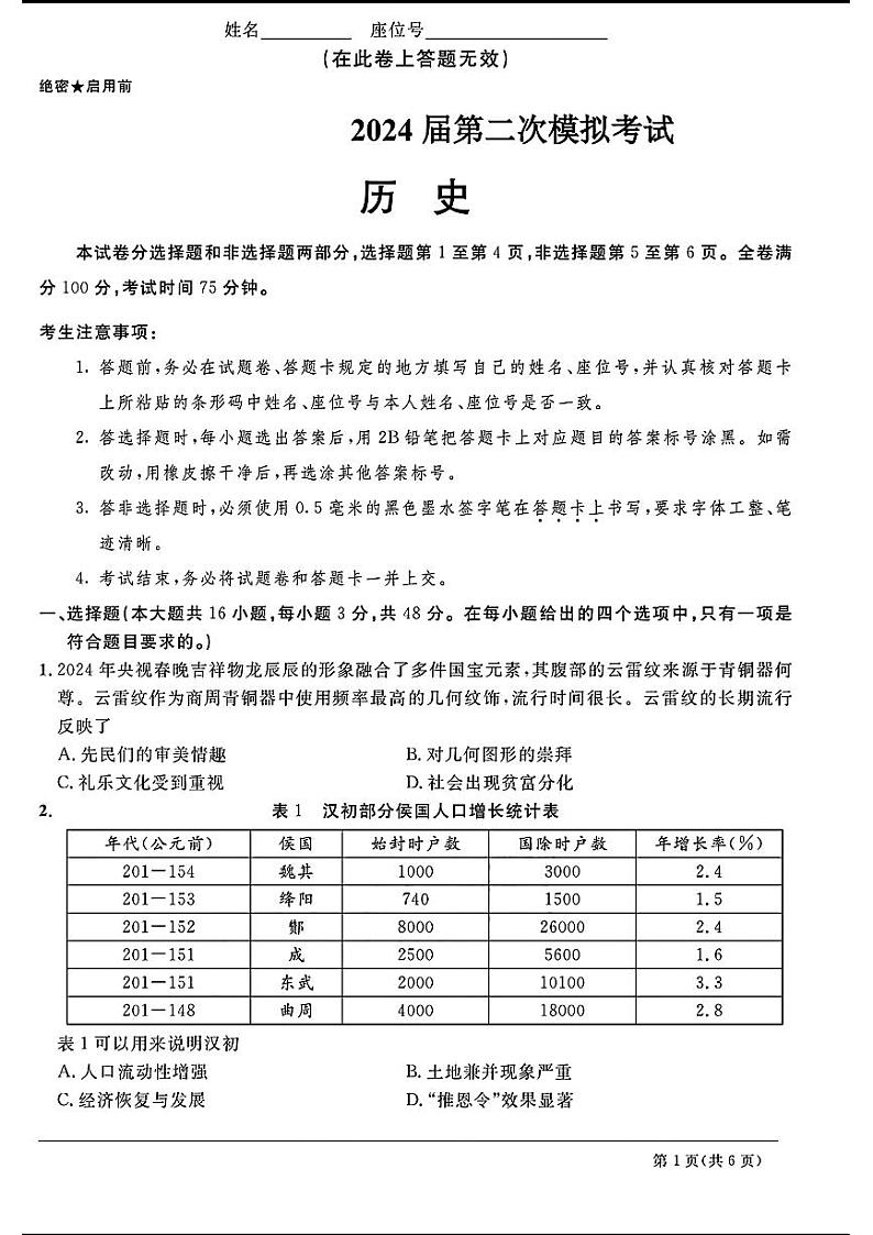 2024天域全国名校协作体高三下学期3月联考-历史试题及答案01