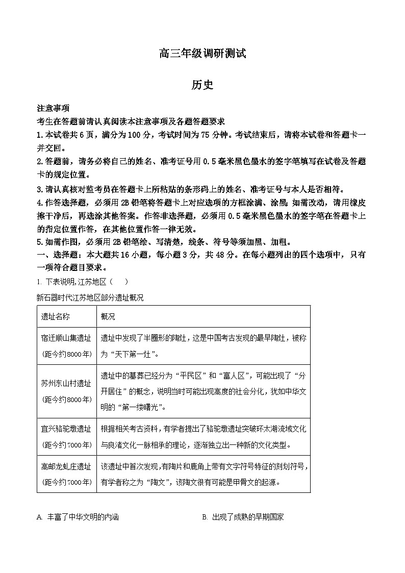 2024届江苏省南京市高三下学期调研测试（一模）历史试题及答案01