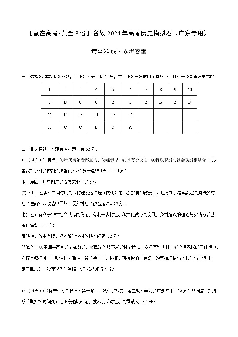 模拟卷06 -备战2024年高考历史模拟卷（广东专用）01