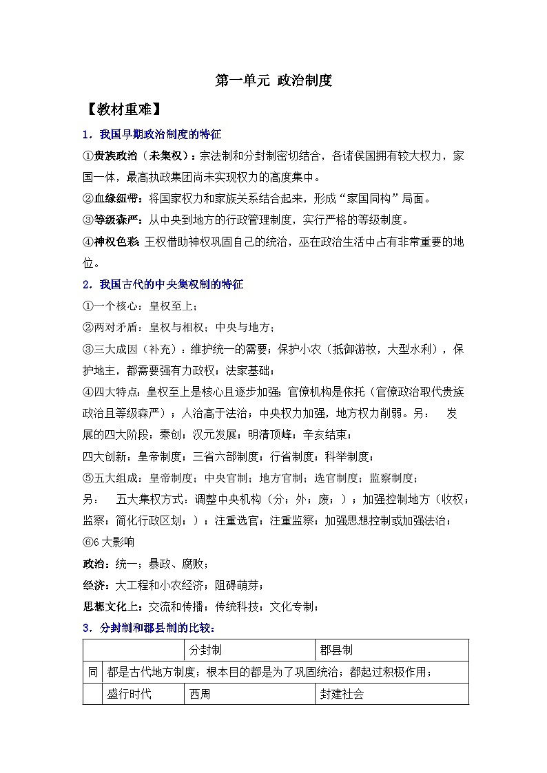 第一单元 政治制度——2024届高考历史二轮复习选择性必修1教材重难与思维训练 学案（含解析）第1页