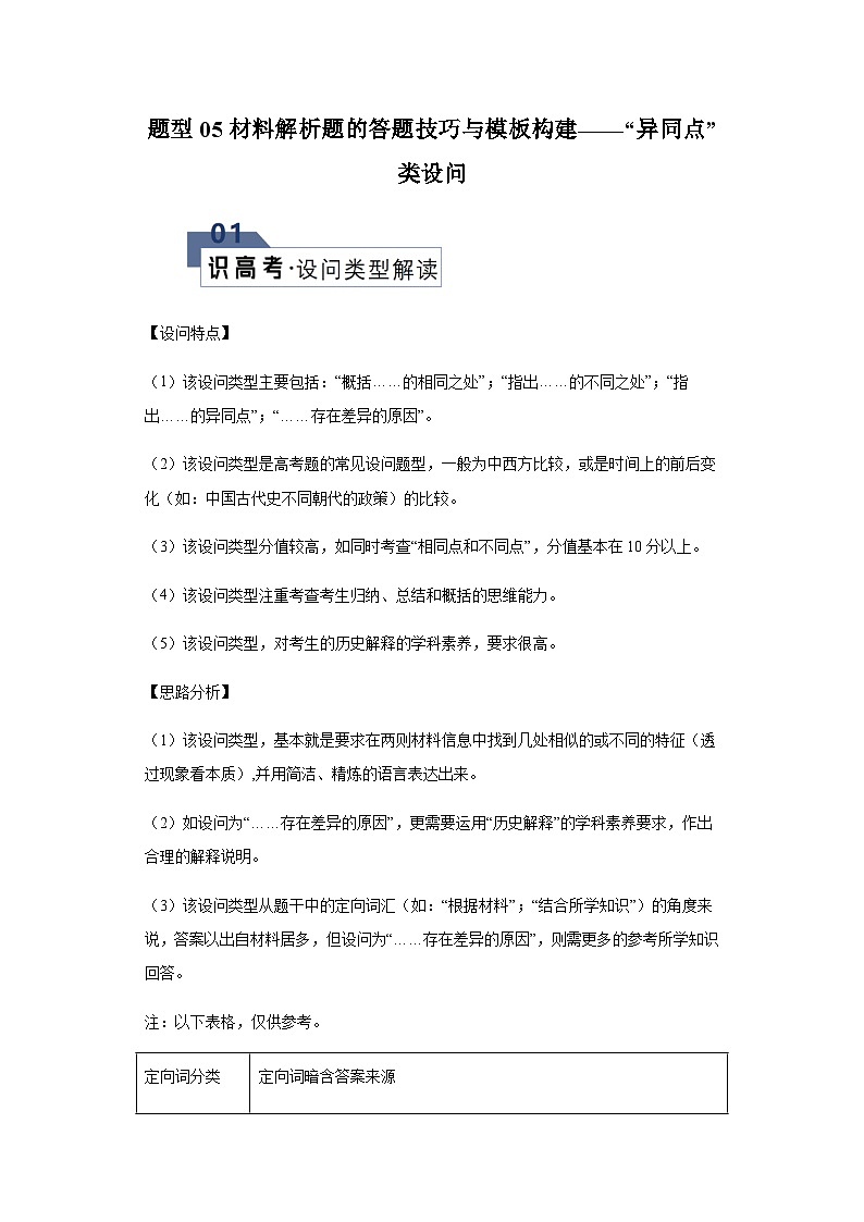 题型05材料解析题——“异同点”类设问-2024年高考历史答题技巧与模板构建学案（含解析）01