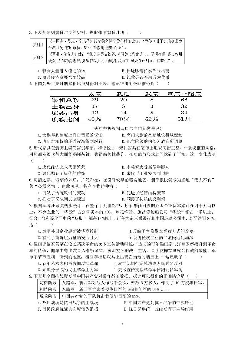 江西省重点中学盟校2024届高三第一次联考历史试卷第2页