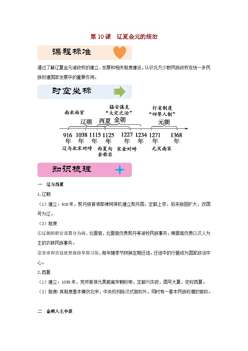 第三单元辽宋夏金多民族政权的并立与元朝的统一第10课辽夏金元的统治教学设计（部编版必修中外历史纲要上）第1页