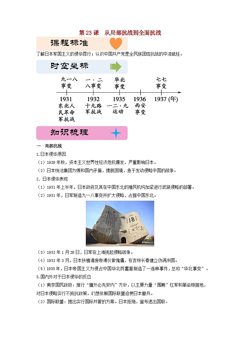 第八单元中华民族的抗日战争和人民解放战争第23课从局部抗战到全面抗战教学设计（部编版必修中外历史纲要上）第1页
