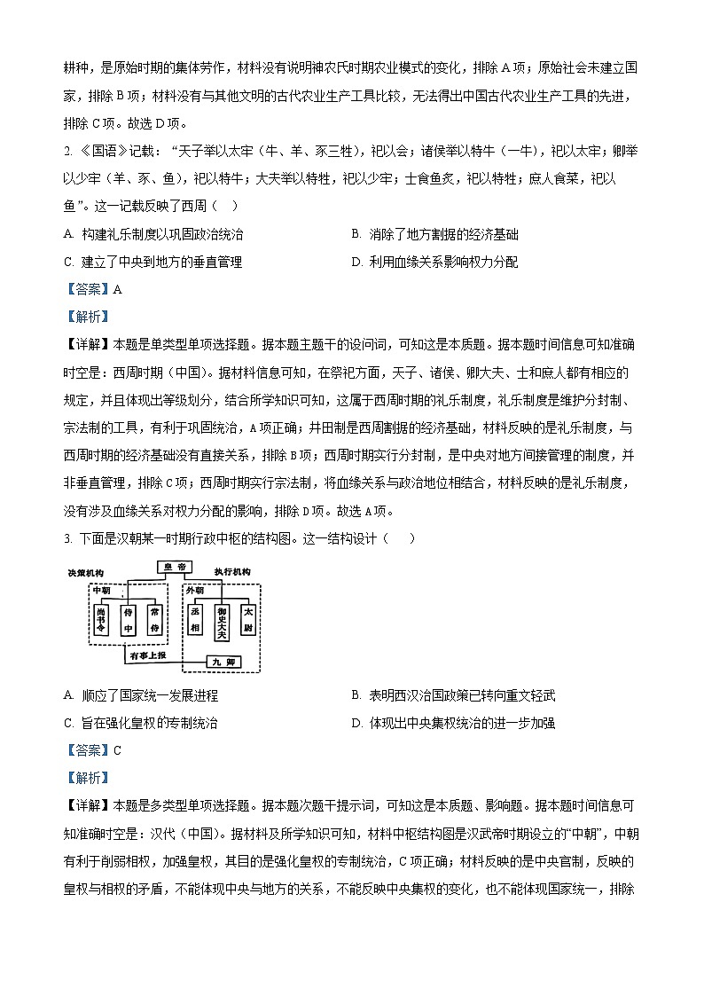 精品解析：2024届安徽省部分学校高三下学期模拟考试(一模)历史试题（解析版）第2页
