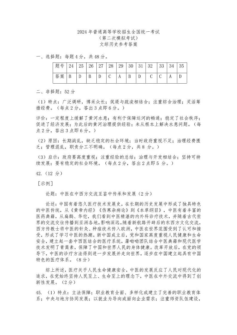 内蒙古包头市2024届高三下学期第二次模拟历史答案01