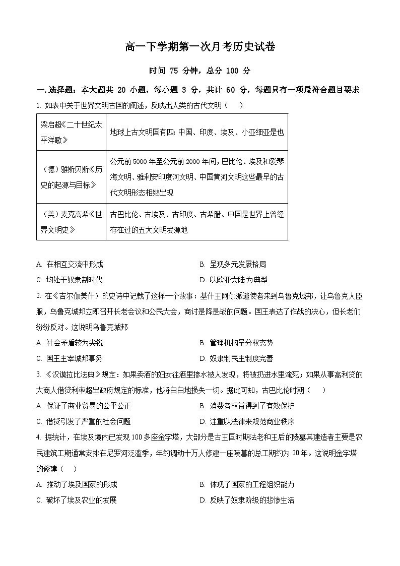 江西省上饶市余干县私立蓝天中学2023-2024学年高一下学期第一次月考历史试题（原卷版+解析版）01