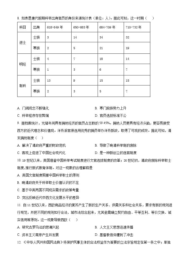 精品解析：新疆喀什十四校2023-2024学年高二上学期期末历史试题（原卷版）第3页