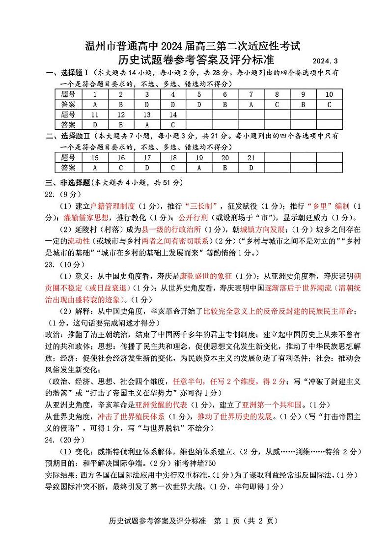 浙江省温州市普通高中2024届高三第二次适应性考试（温州二模）历史试题及答案01