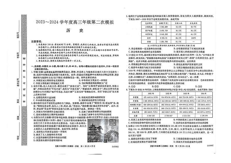 2024届黑龙江省高三下学期第二次模拟考试历史试题第1页